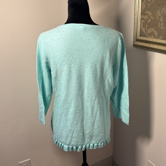 Talbots light aqua speckled ruffle hem 3/4 sleeves spring cotton blend sweater L - Picture 4 of 8